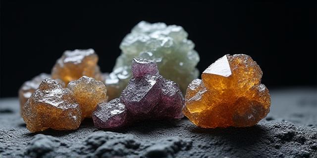 Rough mineral crystals and geological specimens arranged on dark rock